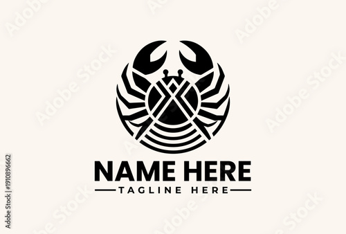 A logo design featuring a stylized scorpion icon with crossed swords, placed on a beige background with space for a company name and tagline in bold black text.