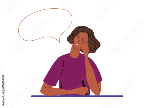 Romantic girl. Sits at table and dreamily writes something. Vector illustration for relationship blogs, journaling apps.