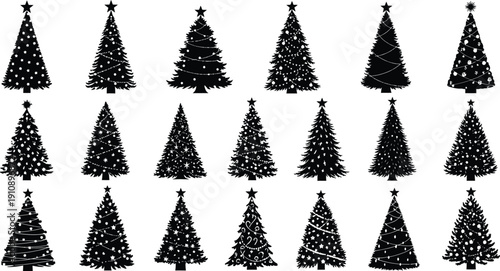 Collection of 18 Black Christmas Tree Icons and Silhouettes