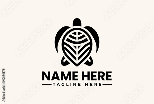 A black and white turtle logo with a leafy design on its shell, accompanied by placeholder text for a name and tagline on a beige background, in a simple and modern vector illustration