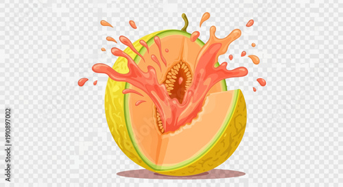 Brightly colored cantaloupe illustration featuring juicy fruit bursting open with vibrant splashing nectar for advertising fresh juice concepts on transparent background