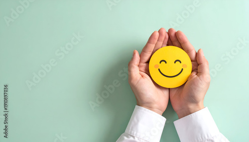 Wallpaper Mural Healthcare professional holding a yellow smiley face in hands, concept of mental wellness and positive thinking. Generative AI. Torontodigital.ca
