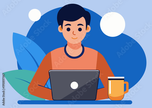 Contemporary flat vector illustration of a young male freelancer diligently working on a laptop from home, embodying modern remote work and online productivity