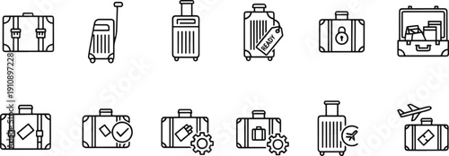 Minimalist Line Art Travel Luggage and Suitcase Icon Set for Tourism and Logistics