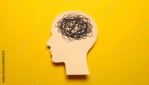 Concept of anxiety, depression or complex thoughts with tangled messy lines in human head silhouette.