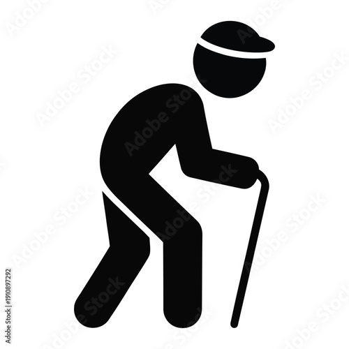 Elderly Man Walking with Cane Silhouette Illustration Representing Senior Citizen, Aging, Retirement and Healthcare Support Concept