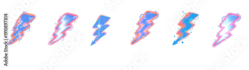 Set of six retro-futuristic electric bolt elements with vibrant neon gradient shading and soft glows