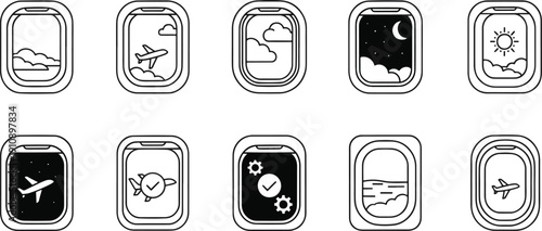 Minimalist Airplane Window View Icon Set: Travel Dreams and Aviation Journey