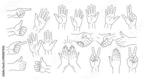 Collection of diverse hand gestures outline vector art, showing pointing, thumbs up, peace sign, and communication signs, on an isolated white background.
