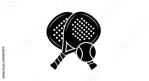 Two black silhouette padel tennis rackets with a ball on an isolated white background