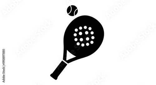 Black silhouette of a padel tennis racket with a ball on an isolated white background