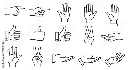 Collection of black line art hand gestures icons on an isolated white background, representing various communication signals