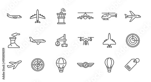 Comprehensive set of aviation, air travel, and airport line icons, isolated on white background.