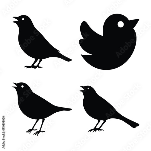 Black bird silhouettes, featuring singing birds and a stylized avian icon