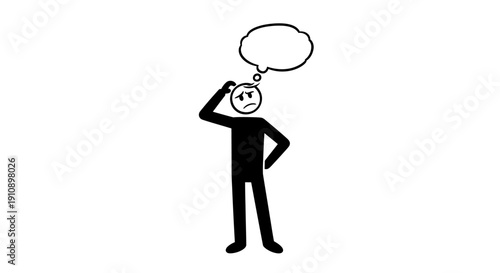 Stick figure person standing and thinking with a question mark thought bubble above, isolated on white background.