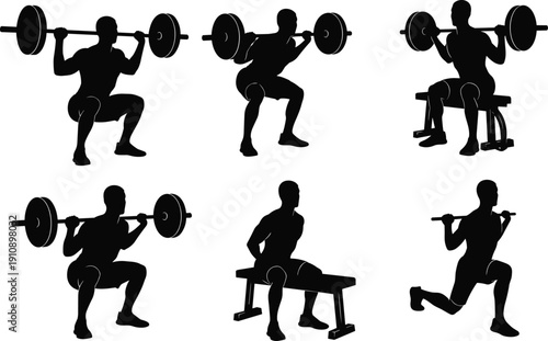 Weightlifting workout silhouettes set strength training exercises with barbell squat lunge bench fitness vector illustration collection