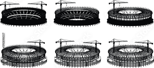 Stadium construction process silhouettes with cranes arena framework development stages architectural engineering vector illustration set collection