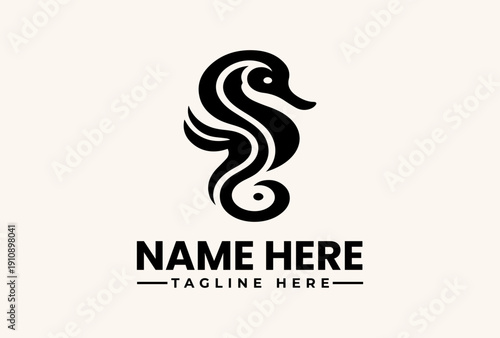 Black and white illustration of a stylized seahorse logo with 'NAME HERE' text and 'TAGLINE HERE' on a beige background, featuring a vector design with an icon and pictogram elements.