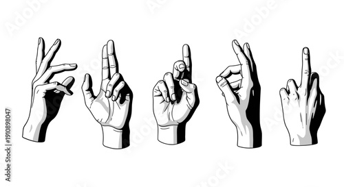 Set of diverse hands making sign language gestures for communication, isolated on white background.