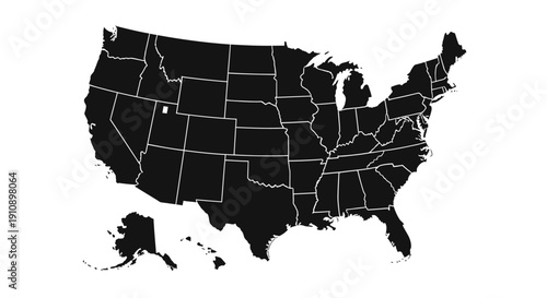 Black and white detailed map of United States of America with state borders isolated on white background.