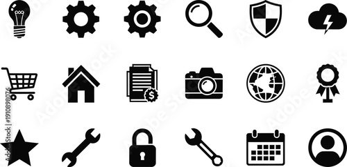Business and Technology Icons: Lightbulb, Gears, Camera, Globe, Shield