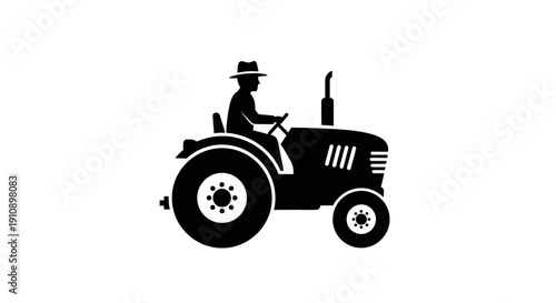 Farmer driving a robust vintage agricultural tractor silhouette, isolated white background