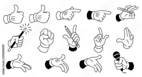 Set of diverse cartoon hands performing various gestures and actions, isolated white background
