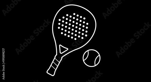 Outline of Padel Paddle Tennis Racket and Ball on Solid Black Background