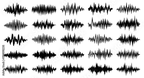 Assortment of Black Sound Wave Audio Signal Icons on Isolated White Background