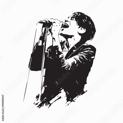 Handsome singer with rock and roll band performing music on stage silhouette vector