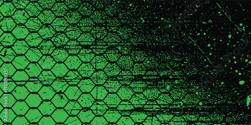 Grunge chain link fence texture in black and green tones, distressed urban surface, gritty street art aesthetic, industrial style background, high detail