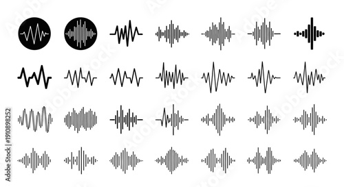 Collection of Various Sound Wave Audio Equalizer Icons on Isolated White Background