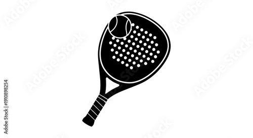 Padel Paddle Tennis Racket and Ball Black Silhouette on Isolated White Background