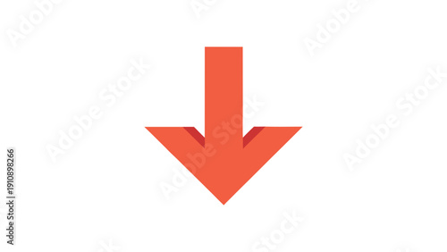 Red downward arrow icon symbolizing direction or decrease isolated on transparent background viewed from directly above