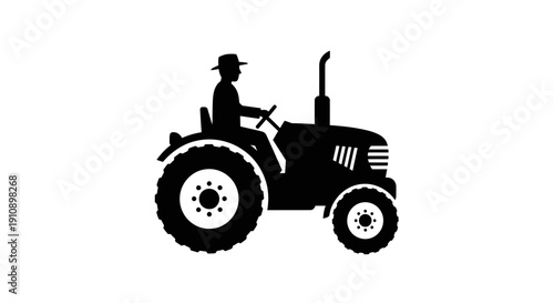 Farmer Driving Tractor Black Silhouette in Agricultural Field on Isolated White Background