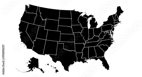 United States Silhouette Map with State Borders on Isolated White Background