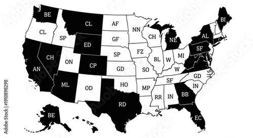 United States Outline Map with State Abbreviations on Isolated White Background