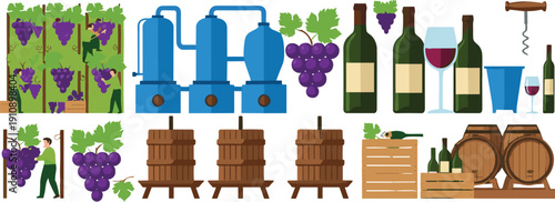 Flat Vector Set of Winemaking Process Featuring Grape Harvesting, Fermentation Tanks, Oak Barrels, and Red Wine Bottles for Vineyard, Oenology, and Agritourism Graphic Designs