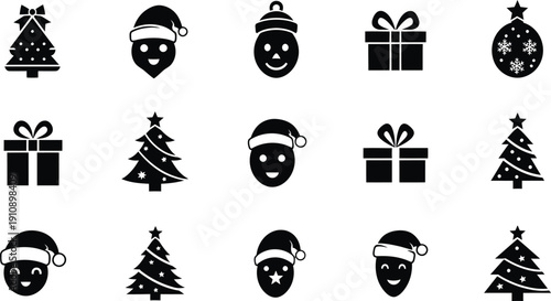 Christmas Icons: Santa Faces, Gift Boxes, and Christmas Trees