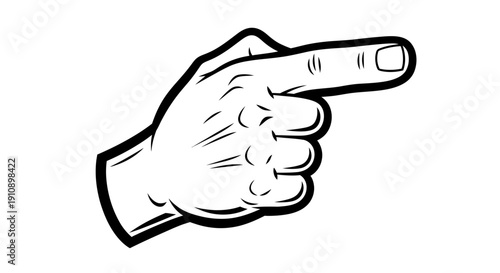 A black and white illustration of a hand pointing to the right with its index finger extended.
