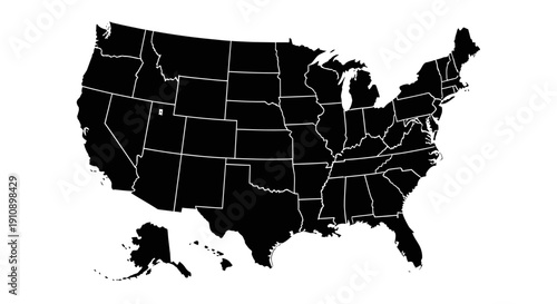 Isolated black vector silhouette outline of the United States map showing country borders and geography of the USA nation land shape on a white background