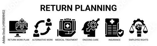 Return Planning web banner icon vector illustration concept with icon of return work plan, alternative work, medical treatment, ongoing care, insurance, and employee rights.