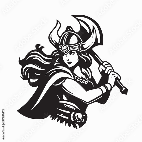 Tall strong Viking warrior woman in barbarian costume holding bearded axe vector