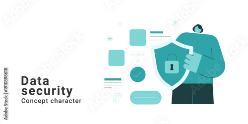 Data security concept with man holding shield and lock for protection. Flat character design vector illustration for cyber security, privacy, safety and data protection concepts.