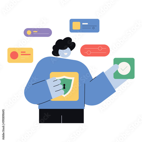 Flat character woman managing security settings with shield, controls and interface elements. Vector illustration for privacy, security, settings and control panel concepts colorful.
