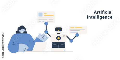 Artificial intelligence concept with woman working with AI robot, chatbot and machine learning technology. Flat design vector illustration for AI, automation and innovation concepts.
