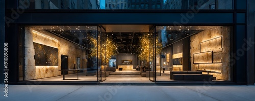 A flagship brand store entrance with layered materials, ambient city sound implied