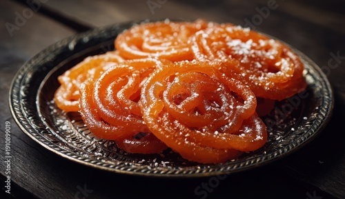 Vibrant Golden Jalebi Spirals Dusted with Sugar on Ornate Plate, Traditional Indian Sweet.