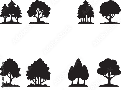 Tree Silhouette Set with Pine, Oak, and Deciduous Forest Shapes. vector