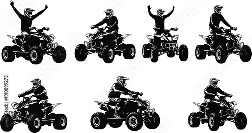 ATV quad bike rider silhouette collection with motocross helmet and off road action poses, black vector illustration isolated on white background